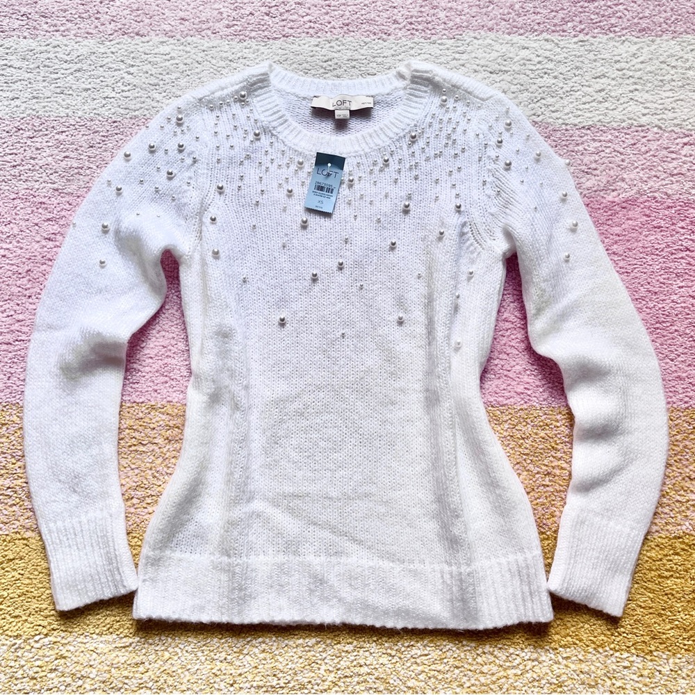 NWT LOFT Petite White Pearlized Crew Neck Sweater Top